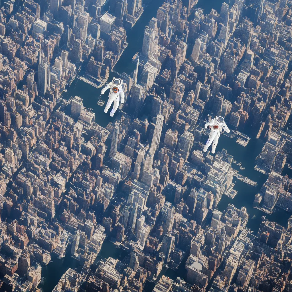 Prompt: Photo of one astronaut floating above New York City in daylight, high resolution photo, 4k, 8k