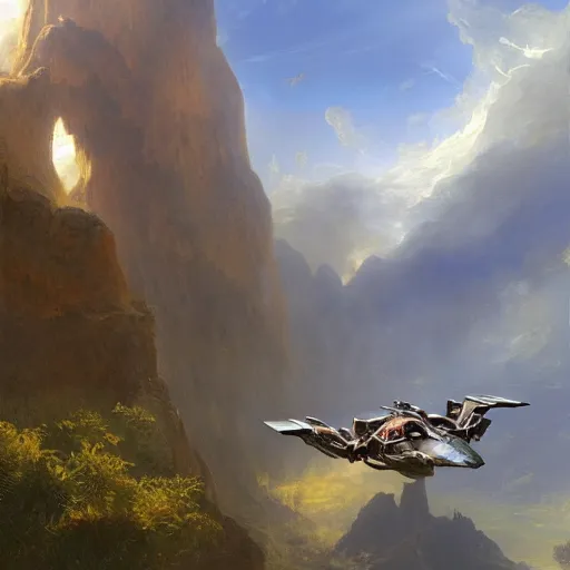 Image similar to a medievalpunk flying vehicle, matte painting, by thomas Cole, James Gurney, Craig mullins, RHADS, Trending on Artstation