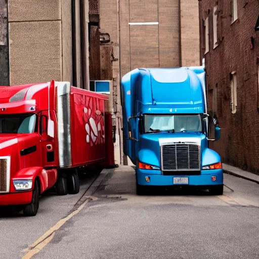 Prompt: two trucks smooching each other in a back alley