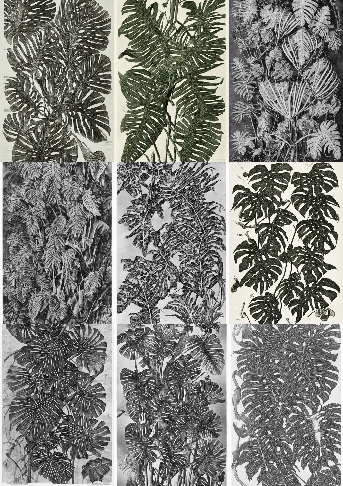 Prompt: elaborate natural monstera deliciosa and zebrina alocasia illustrations by ernst haeckel of the biological world