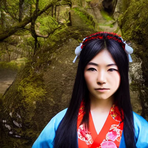 Prompt: face photo of a japanese shrine maiden, young beautiful woman, award winning photo, stunning scenery, high definition, 8 k, dynamic lighting