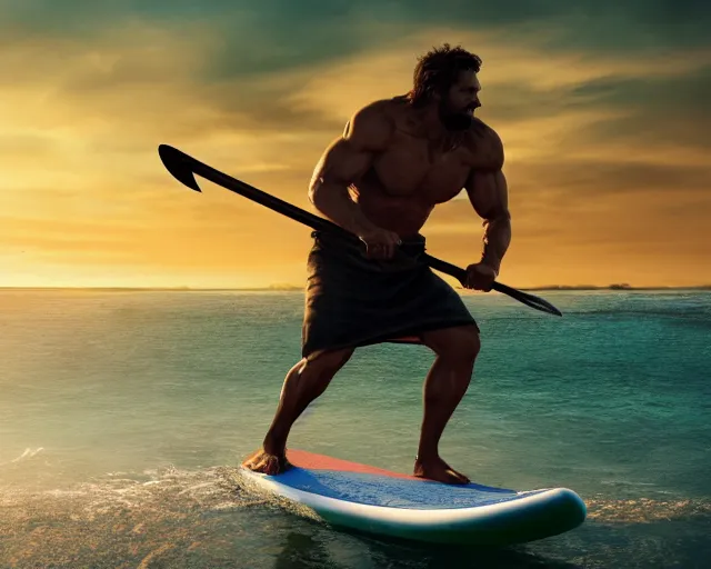 Prompt: single spartan using a paddle board on australian beach, epic award winning action cinematic still from the movie 3 0 0, 8 k, global illumination, detailed face, muscles, rim highlights, hyper realistic, stunning waves, happy vibes