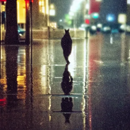 Prompt: zoomed in iphone photo rainy night in the city, reflections, lone figure and a cat