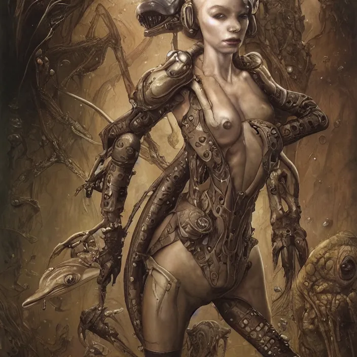 Prompt: a portrait photograph of a amphibian female alien with dolphin skin. she wearing a tactical suit and has many body modifications. by tom bagshaw, donato giancola, hans holbein, walton ford, gaston bussiere, brian froud, peter mohrbacher and magali villeneuve. 8 k, fashion editorial, cgsociety