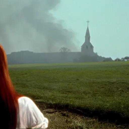 Prompt: horrifying photo of a four legged human idly staring ,hill of a burning small town a white wooden church is in the distance, bloody, by wes craven, 35mm film stock, creepy, disturbing