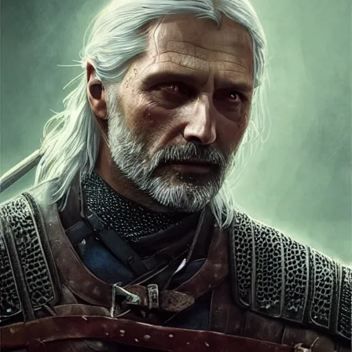 Image similar to mads mikkelsen as the Witcher from the witcher 3, beautiful, intricate, highly detailed, digital painting, artstation, oppressive lighting, fashion concept art, sharp focus, illustration, art by greg rutkowski and alphonse mucha