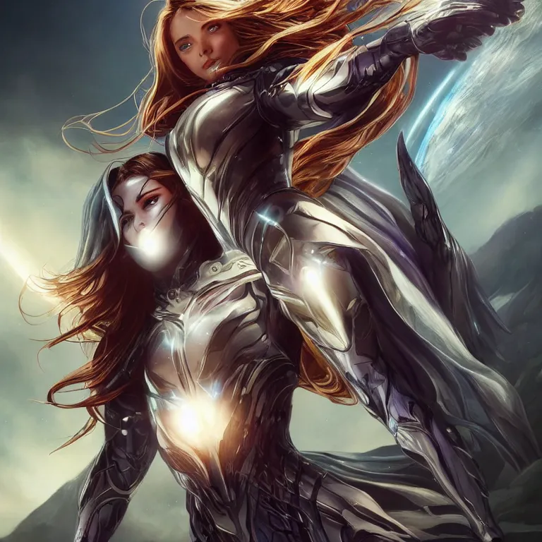 Image similar to beautiful cinematic fantasy poster, a beautiful girl in a superhero suit, beautiful glowing galaxy eyes, wideshot ultrawide angle epic scale, hybrid from The Elden Ring and art direction by Darius Zawadzki ;by artgerm; wayne reynolds art station; cinematic quality character render, beautiful dynamic pose; low angle; ultra high quality model; production quality cinema model;