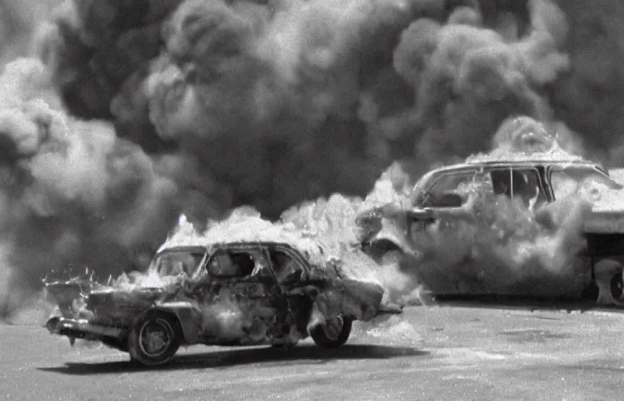 Image similar to exploding car, vintage movie still