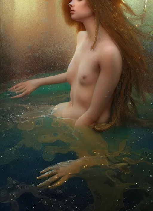 Prompt: hyper realist matte digital painting of a young beautiful woman, beautiful face, jugendstill, floating in water, bubbles rising, seaweed, headspace, fairytale, fantasy art, photo realistic, dynamic lighting, artstation, volumetric lighting, by mucha, by charlie bowater, by karol bak, by alma tadema