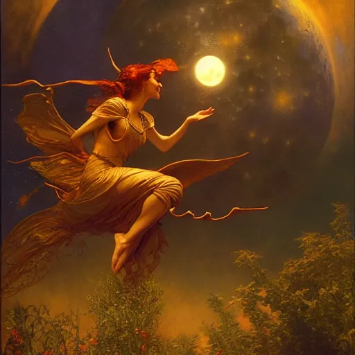 Image similar to witch magically flying trough the night, fantasy, full moon in background. highly detailed painting by gaston bussiere, craig mullins, j. c. leyendecker 8 k