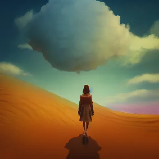 Image similar to closeup giant dahlia flower replacing head, a girl walking between dunes, surreal photography, sunrise, blue sky, dramatic light, impressionist painting, digital painting, artstation, simon stalenhag