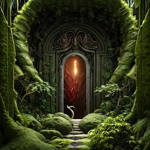 Image similar to doorway to a creature in a lush trunda vegetation, snow snow :: by Michal Karcz, Daniel Merriam, Victo Ngai and Guillermo del toro :: ornate, dynamic, particulate, intricate, elegant, highly detailed, centered, artstation, smooth, sharp focus, octane render, 3d