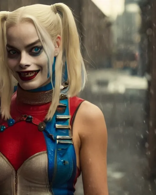 Prompt: gorgeous suicide squad margot robbie that looks like harley quinn, long blonde hair and big eyes, beautiful smile, finely detailed perfect face, standing on the wet street at sunset, a movie directed by christopher nolan, movie still frame, promotional image, imax 7 0 mm footage