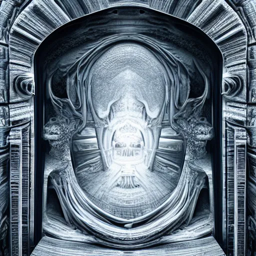 Image similar to open portal to another dimension, with white turbulent image of different time space, high detail, intricate, giger, photo realistic, 8 k