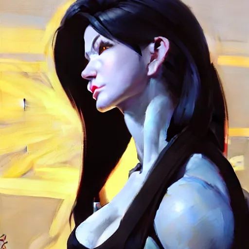 Image similar to Greg Manchess portrait painting o Tifa Lockheart as Overwatch character, medium shot, asymmetrical, profile picture, Organic Painting, sunny day, Matte Painting, bold shapes, hard edges, street art, trending on artstation, by Huang Guangjian and Gil Elvgren and Sachin Teng