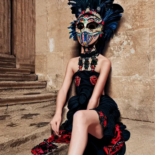 Prompt: valentino resort ss 2 0 1 7 dress with ornate mask headpiece, model lounging by cybernetic ancient ruins