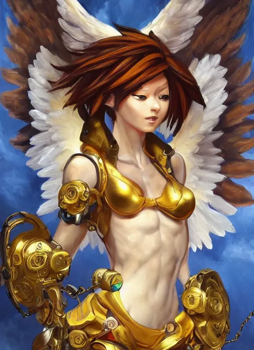 Image similar to full body oil painting of tracer overwatch in the style of sophie anderson, angel wings, angelic golden armor, dramatic painting, symmetrical composition, ornate, golden chains, high detail, gold detailed collar!!!!!, blooming, angelic, lights, flowers, heavenly, bright, detailed face,