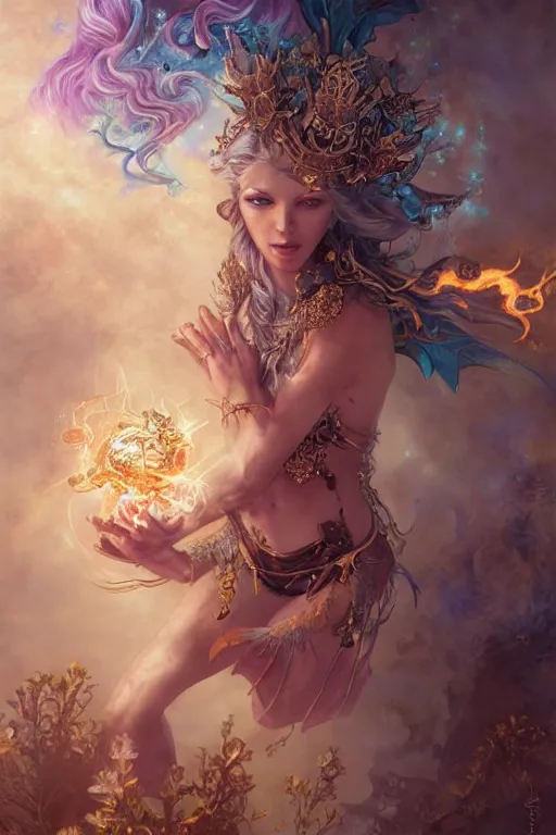 Image similar to beautiful girl sorcerer covered with fire and golden dragon skin, cute fairy girl with crown of flowers in plants bikini covered with celtic rune tattoos, casting magic spell, angel, fantasy, magic the gathering, hyper detailed, 3 d render, hyper realistic detailed portrait, peter mohrbacher, wlop, ruan jia, luis royo