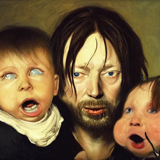 Prompt: thom yorke from radiohead devours his son, goya painting