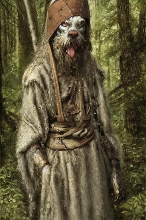 Image similar to slavic dog head man, woolen torso in medieval clothes, hiding in the forest, orthodox saint christopher, art by luis royo, oil painting, painting by viktor vasnetsov, concept art, hyperrealism, beautiful, high resolution, trending on artstation,