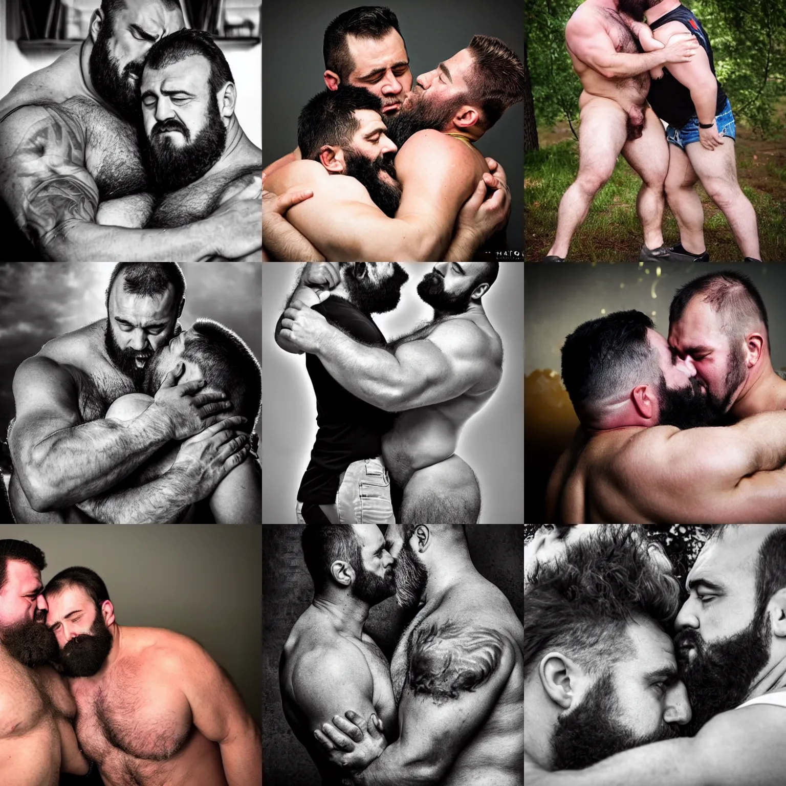 Prompt: hairy burly russian strongmen kissing and cuddling, photography
