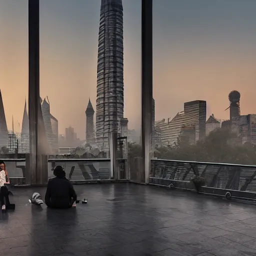 Image similar to a small rooftop with a couple of people sitting and watching the view, wearing black modern clothes, messy hair, modern shanghai bund in smog is on the background, sunset, pale colors, by gregory crewdson