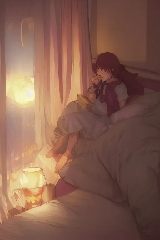 Prompt: a teenage girl with white short hair in a jk uniform outfit in the bedroom reading a book in a night, raining outside the window, orange theme, by krenz cushart and mucha and akihito yoshida and greg rutkowski and makoto shinkai, detailed eyes, 4 k resolution