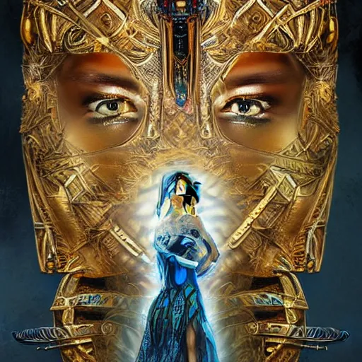 Image similar to HDR portrait photography of The Benevolent Cyborg Queen vertically mirrored above The Evil Cyborg King, ethnic, fantasy, intricate, elegant, highly detailed, African, Egyptian, Aztec, Mayan, digital painting, artstation, HDR photo, smooth, sharp focus, illustration, art by artgerm and greg rutkowski and alphonse mucha