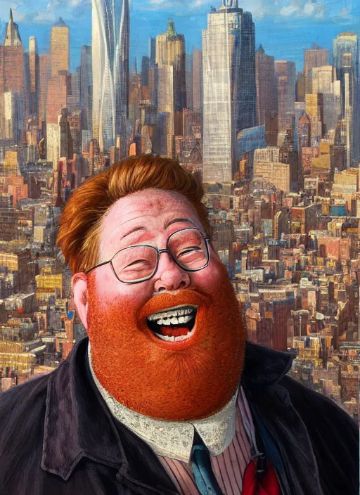 Image similar to a laughing fat redheaded man with beard talking on a cell phone manhattan skyline in the background, portrait, intricate, elegant, highly detailed, centered, digital painting, artstation, concept art, smooth, sharp focus, illustration, art by art germ and donato giancola and Joseph Christian Leyendecker