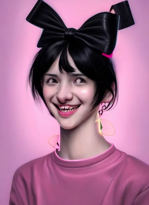 Image similar to portrait of high school girl, realistic, black hair, bangs, half updo hairstyle, pointy nose, skinny, smile, ugly, defined jawline, big chin, pink hair bow, earrings, intricate, elegant, glowing lights, highly detailed, digital painting, artstation, sharp focus, illustration, art by wlop, mars ravelo and greg rutkowski