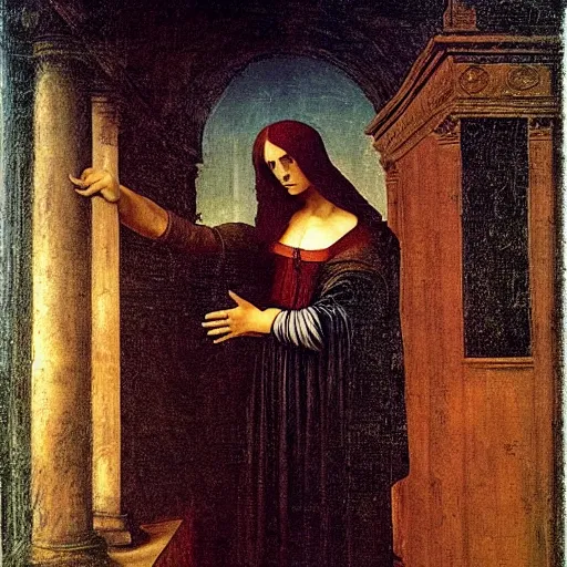 Image similar to gothic american by leonardo da vinci, oil painting, frisson, sfumato