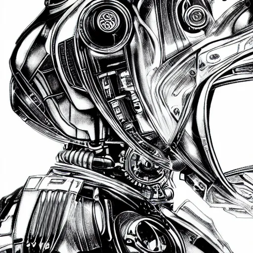 Image similar to scarlett johansson as a intricately detailed mechanical robot, black and white, dynamic angle, pencil and ink manga, elegant, highly detailed, dramatic lighting