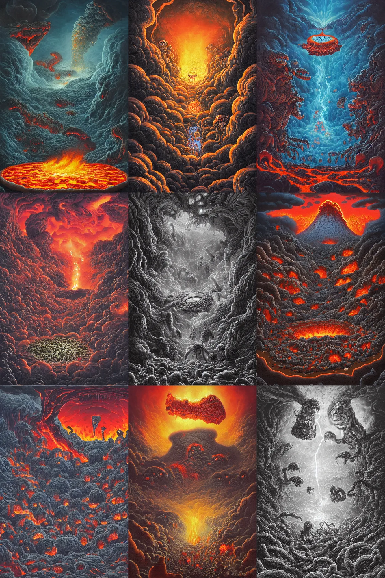 Prompt: a hoard of strange creatures from hell fighting over a very large pizza in front of a volcano spewing lava and black smoke, from below, streams of glowing hot lava, flashes of lightning in the distance, wide shot, long shot, an ultrafine detailed painting by joe fenton, deviantart, pop surrealism, whimsical
