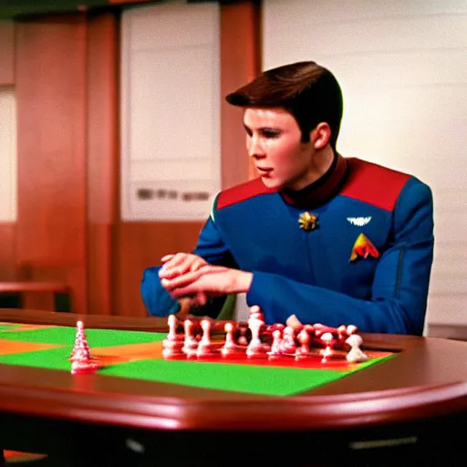 Image similar to acting ensign Wesley Crusher from the USS Enterprise playing 3d chess with a vulcan, wearing multi-colored slim suit, handsome face, set photo, candid, film grain, f2.4