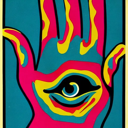 Prompt: a glowing hand with a beautiful eye in its palm, night, psychedelic, bold black lines, flat colors, 1 9 7 0 s poster illustration