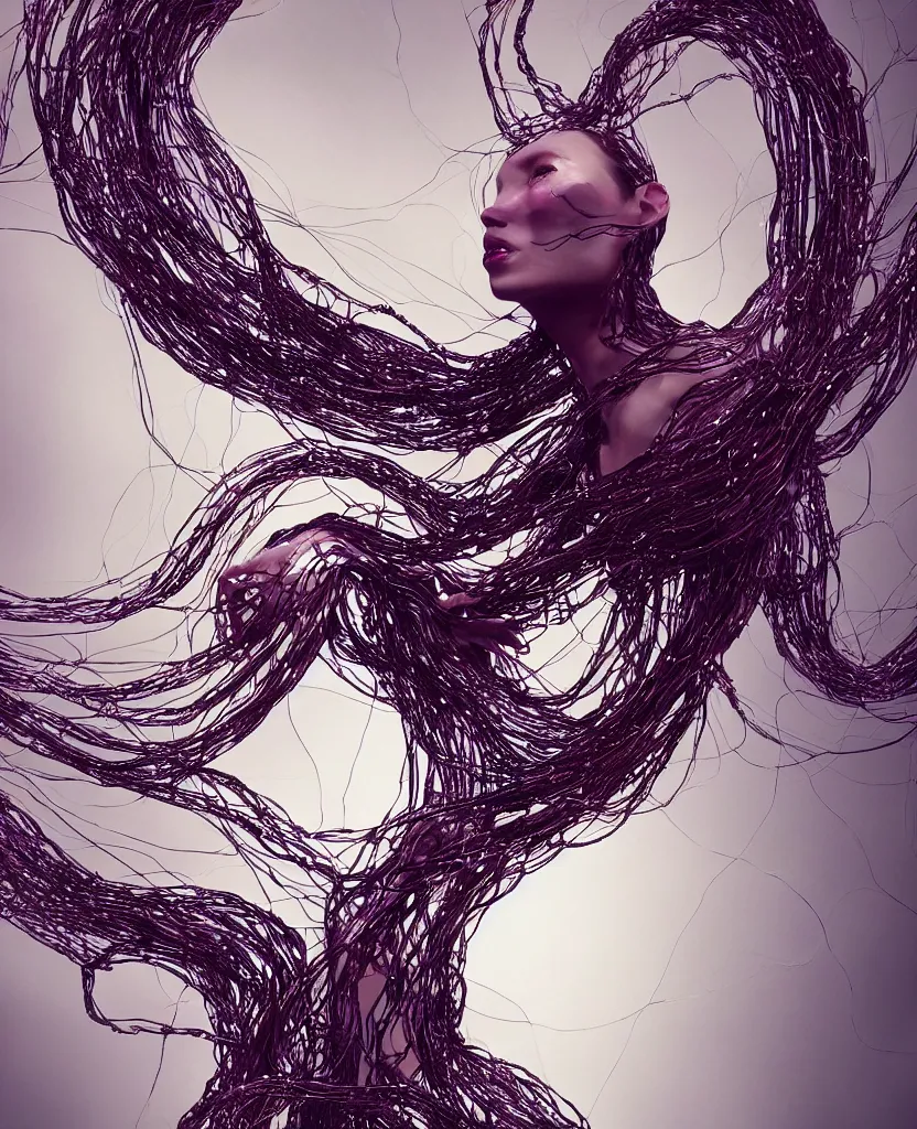 Image similar to beautiful portrait of the goddess of beauty, fleshy tendrils, a string structure, chaoticferrofluids, occult, octane render, glow, surreal dramatic lighting, intricate fine ornaments, translucent, lighting 8k, cinematic, blur, shallow depth of field, neuro web, plasma