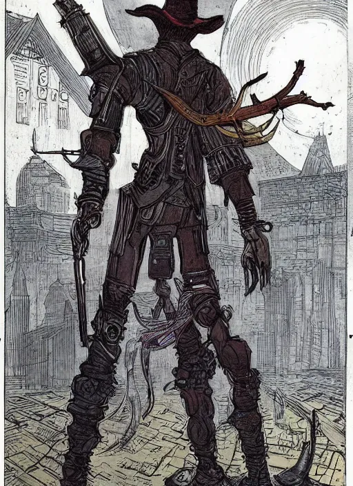 Prompt: a hunter from bloodborne vs robot in yharnam, style by retrofuturism, faded red and yelow, by malcolm smith, old comics in city, nicholas roerich