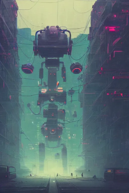 Prompt: Giant broken robot, illustrated by Simon Stålenhag and Greg Rutkowski, 35mm lens, beautiful macro close-up imagery, rule of third, vibrantly lush neon lighting, beautiful volumetric-lighting-style atmosphere, a futuristic rural atmosphere, intricate, ultra detailed, photorealistic imagery, trending on artstation, 4k, 8k