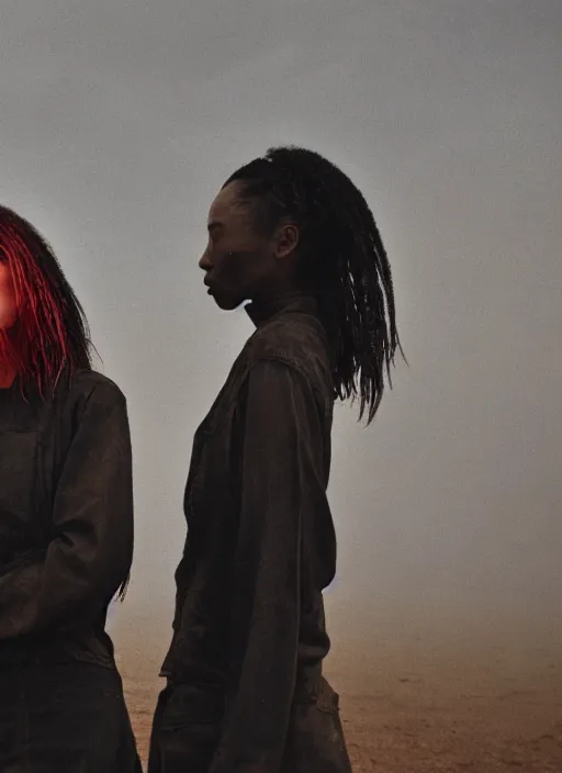 Image similar to photographic portrait shot on cinestill 5 0 d of two loving clones, women wearing rugged black techwear on a desolate plain with a red sky, closeup, diverse race, cyberpunk, in front of a brutalist dark metal facility, dust storm, 3 5 mm, 8 k, depth of field, high resolution, ultra realistic faces