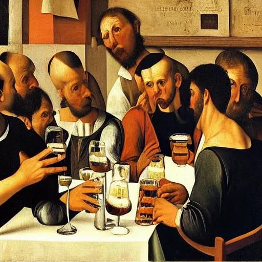 Image similar to detailed impasto painting of five male artists talking intelligently in a french cafe while drinking beer in style of caravaggio, chiaroscuro, hieronymus bosch, tenebrism