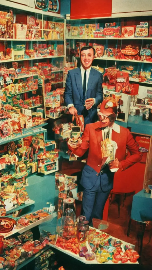 Image similar to 6 0 s photo of a business man in a candy shop, kodachrome