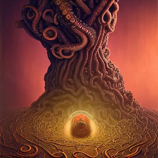 Image similar to tentacle planet, bundle of tentacles, freak show, weird, random, strange, hyperdetailed, photorealistic, interesting, david lachapelle, karol bak, cronenberg, weta digital, beksinski, ivan bilibin, zawadzki, id magazine, octane, cinematic, hyperrealism, 8 k, depth of field, bokeh