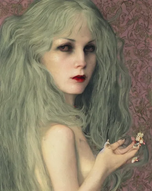 Prompt: a beautiful but sinister woman in layers of fear, with haunted eyes and big platinum hair, 1 9 7 0 s, seventies, floral wallpaper, delicate embellishments, a little blood, painterly, offset printing technique, by william russell flint