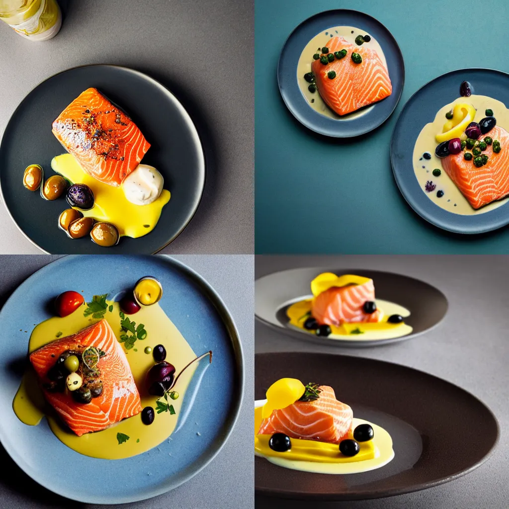 Prompt: salmon, olives, custard, food photography, award winning, michelin star restaurant