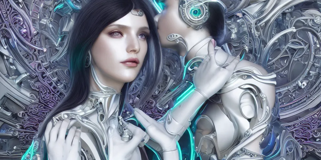 Image similar to symmetrical feminine cyborg goddess rendered in Cinema 4D and Octane and Unreal Engine 5, elegant cybernetic body and ornate futuristic outfit, glowing white neon eyes, platinum and obsidian flowing long hair, art by Artgerm, Beeple and Alphonse Mucha, hyperrealism, full body photogenic shot, digital render, cinematic lighting ornate earrings, 8k resolution, masterpiece work