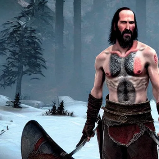 Prompt: Keanu Reeves in the God of War game