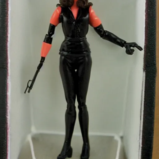 Prompt: photograph of 1 9 8 0 s femme fatale collectable action figure still in original packaging, noir toys line