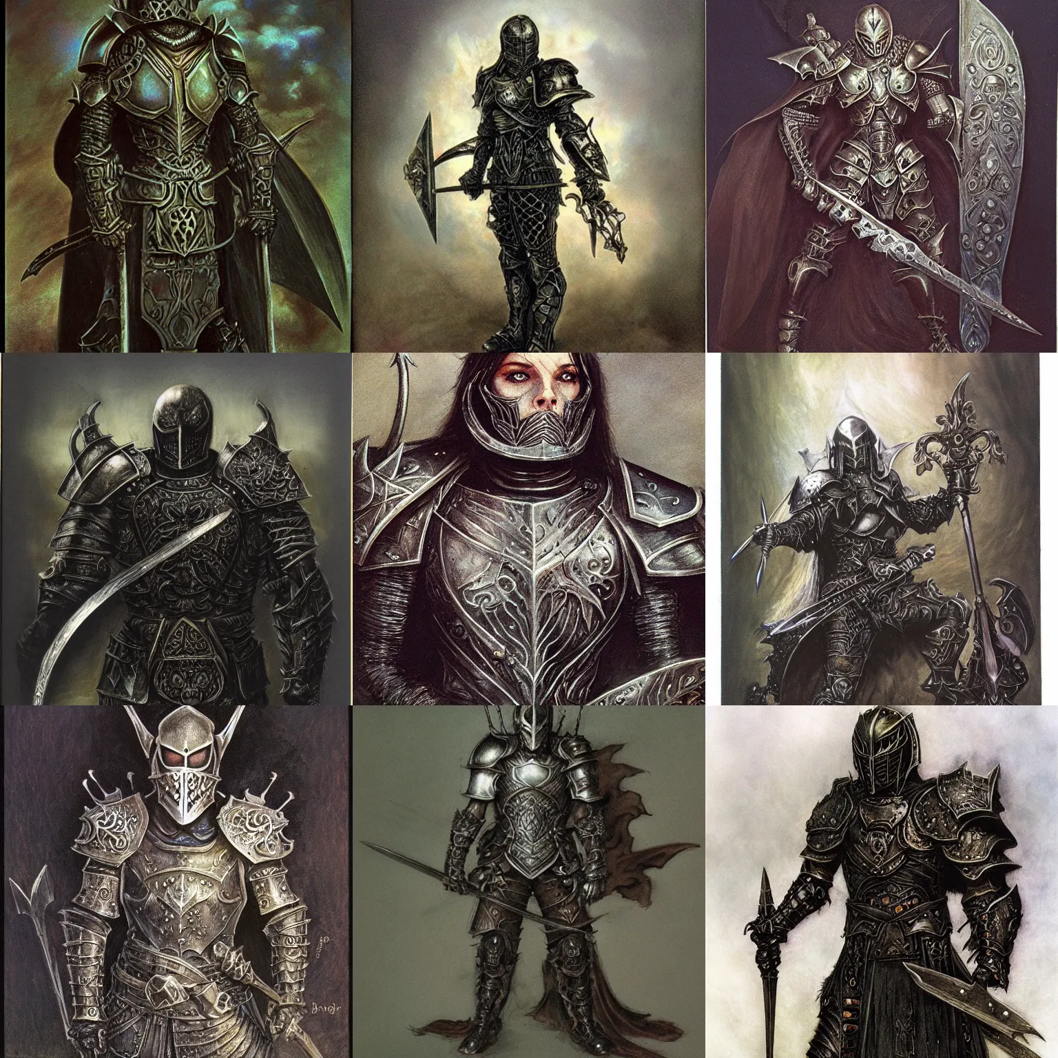 Prompt: a death knight in intricate blackened plate armor by Brian Froud