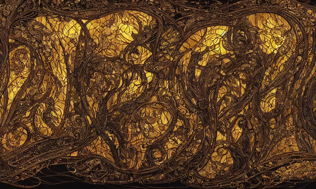 Prompt: breathtaking detailed soft painting of an intricate art nouveau frame with fire ribbons, flat black background in the middle, fireflies floating around with hyper detailed golden stained glass windows, concept art, matte, sharp focus by johannes voss and Quentin Mabille, trending on Artstation