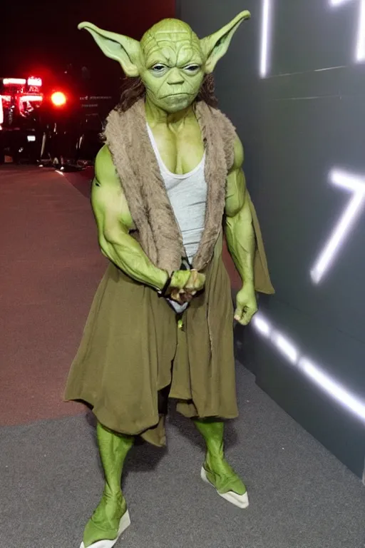 Image similar to Dwayne Johnson dressed as yoda